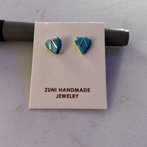 Zuni handmade Jewelry Rose Bowami Zuni artist TURQ heart earrings, silver